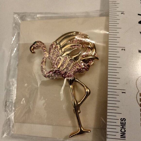 Pink Flamingo Pin Brooch Rhinestone  Tropical Statement Coastal Tiki - Picture 2 of 2